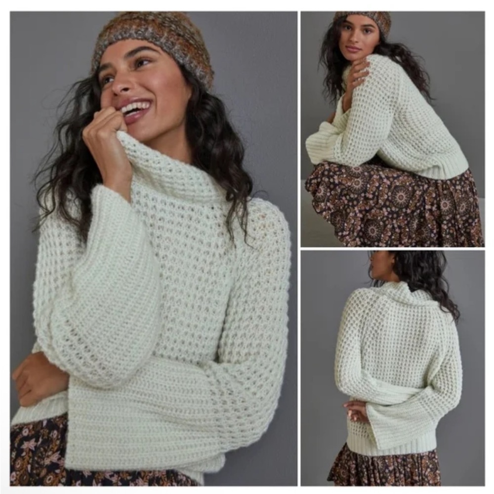 Anthropologie Maeve Dionne Knit Bell Sleeve Sweater Mock Neck Mint Green Size XS
